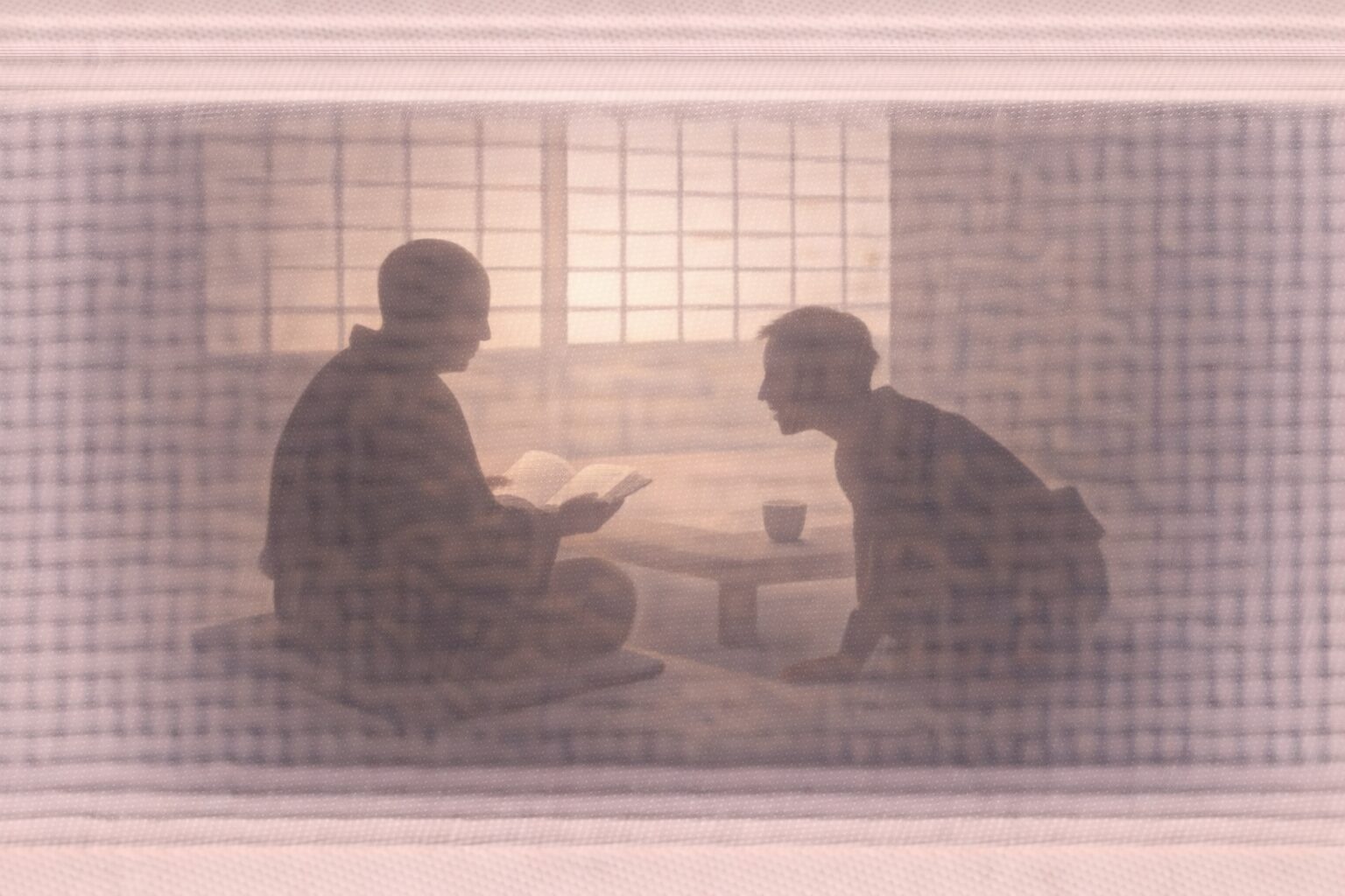 昼の長屋の一室、隠居の影が本を開き、八五郎の影が身を乗り出して質問する一場面