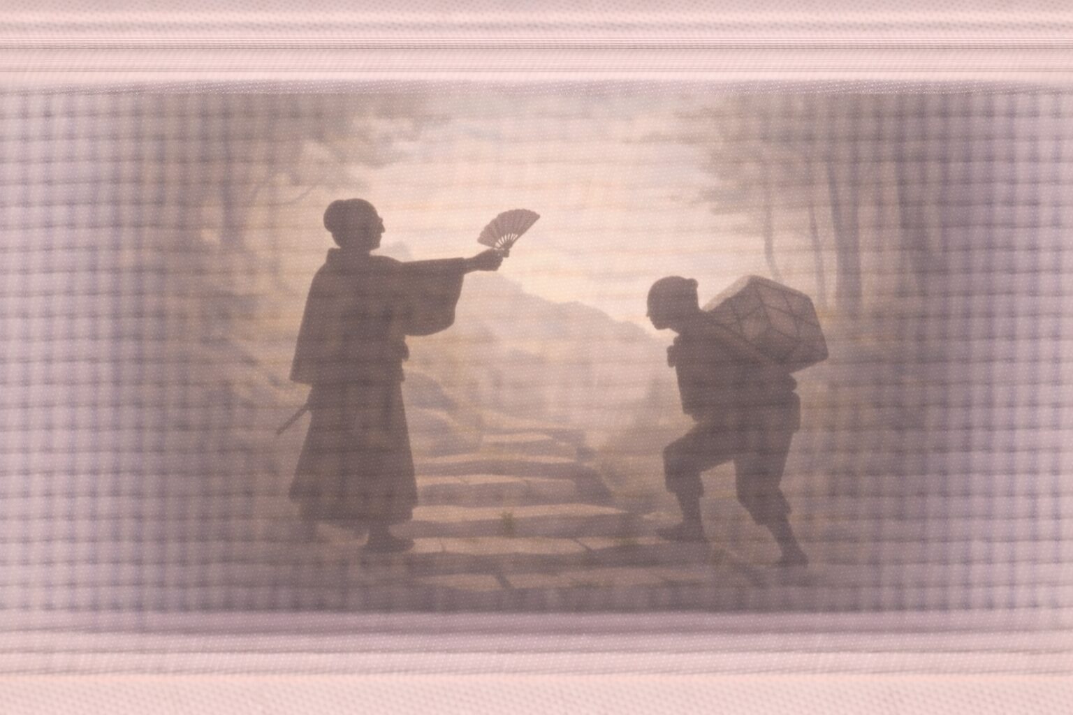 昼の山道、旦那の影が扇子で指図し、家来の影が一歩遅れて荷を持って登る一場面