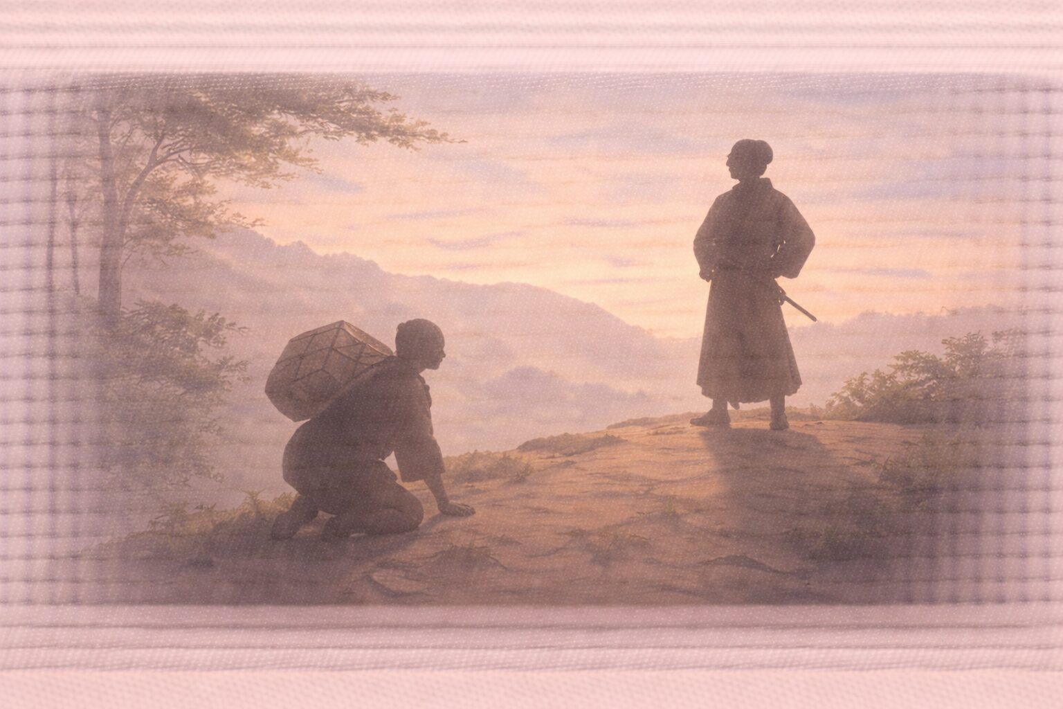 夕方の見晴らし場、崖の縁近くで家来の影が膝をつき、旦那の影が満足げに立つ一場面