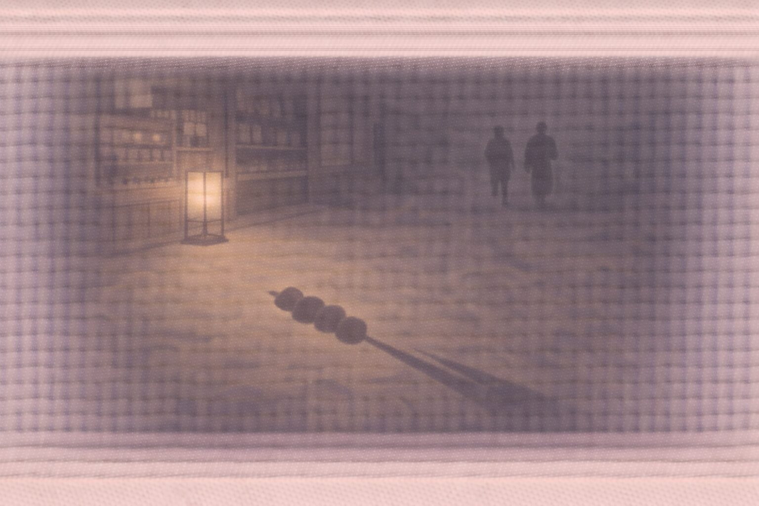 夜の土産物屋の前、串に刺さった団子の影が行灯の光で伸び、男たちの影が遠ざかる余韻の一場面