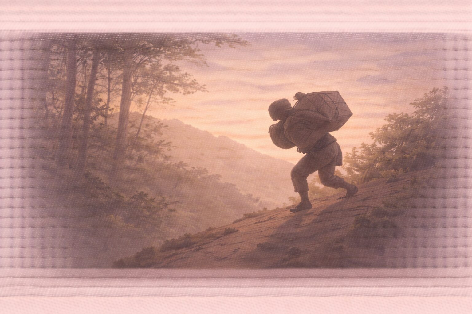 夕方の山道、棺を抱えた男の影が息を切らしながら登る一場面