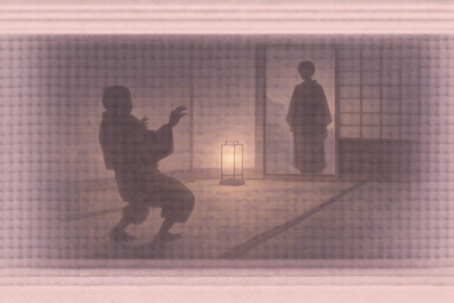 夜の長屋の座敷、戸口の向こうに女房の影が立ち、亭主の影が後ずさる一場面