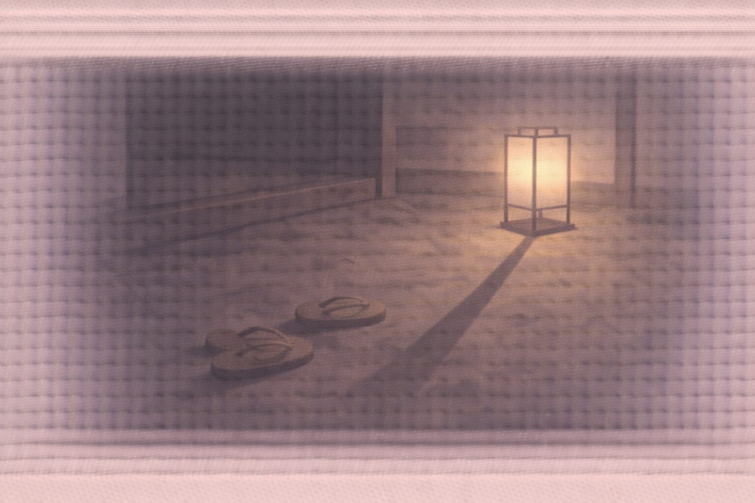 明け方の土間、脱ぎ捨てた草履が乱れ、行灯の光だけが静かに残る余韻の一場面