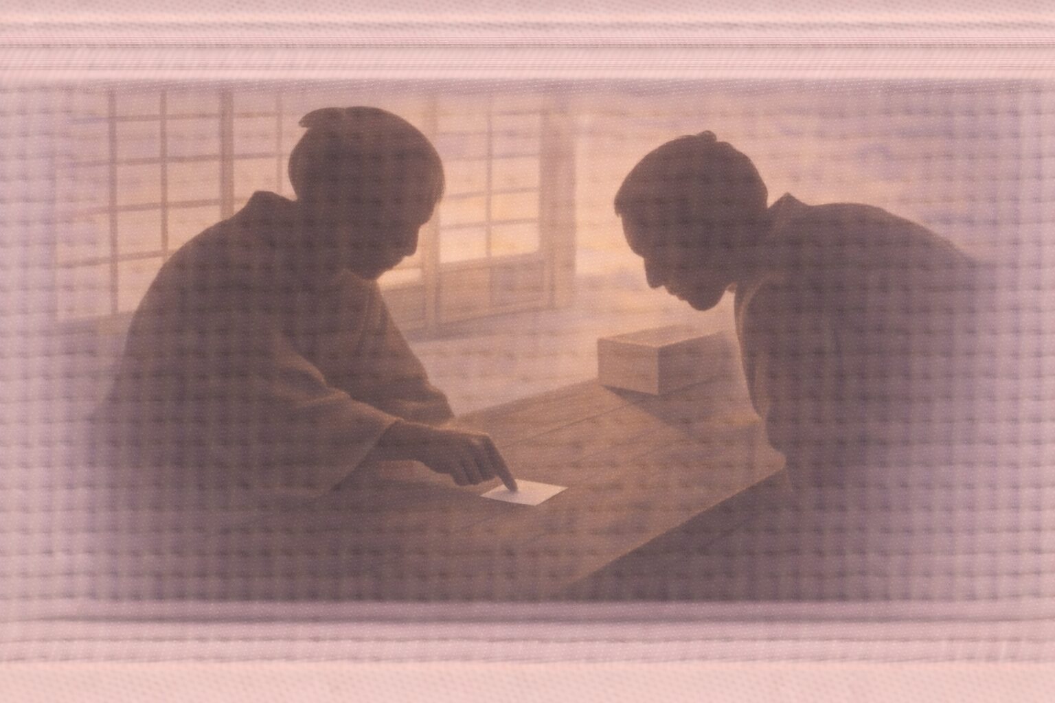 夕方の宿屋の帳場、主人の影が小さな札（富くじ）を指で押さえ、客の影が身を乗り出す一場面