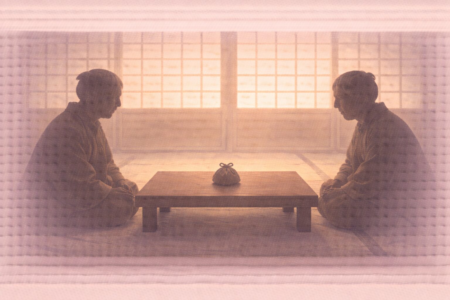 昼の座敷、主人と客の影が低い卓をはさんで向かい合い、間に銭入れだけが置かれる一場面