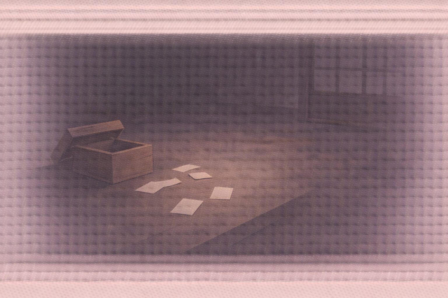 夜更けの帳場、開かれたままの小箱と散らばった札の影だけが残る余韻の一場面