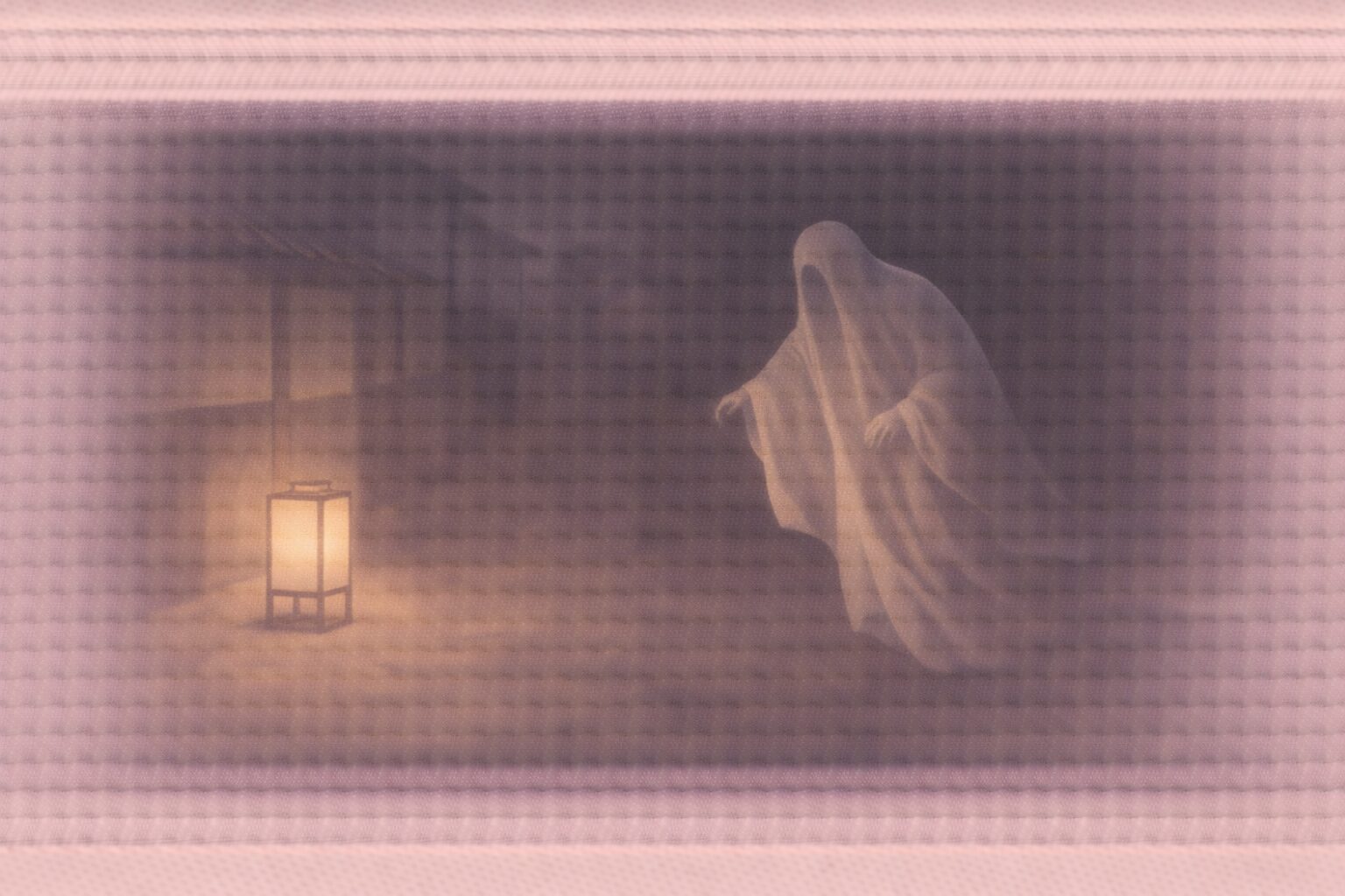 夜の路地、白装束の幽霊役の影が提灯の光の外からにじり出てくる一場面