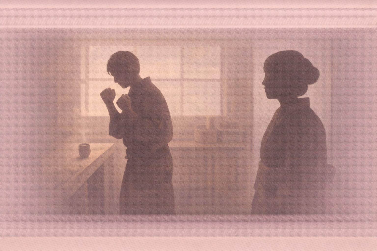 長屋の台所、亭主の影が拳を握りしめて深呼吸し、女房の影が静かに様子を見る一場面