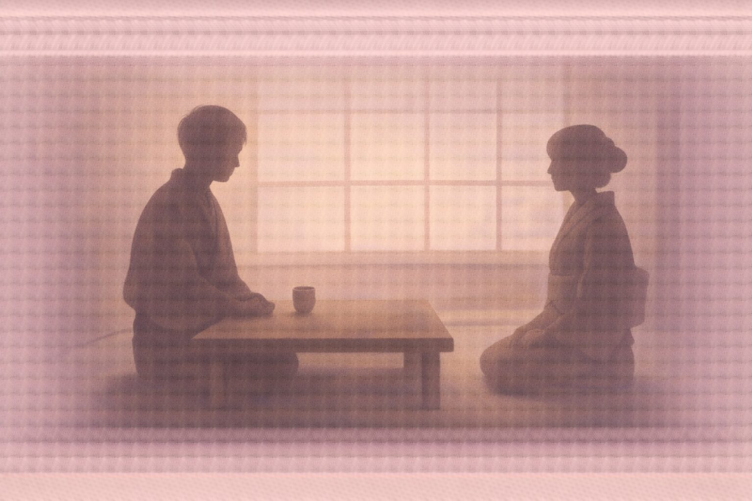 昼の長屋の座敷、湯呑みの前で亭主の影が口を結び、女房の影が少し距離を取る一場面