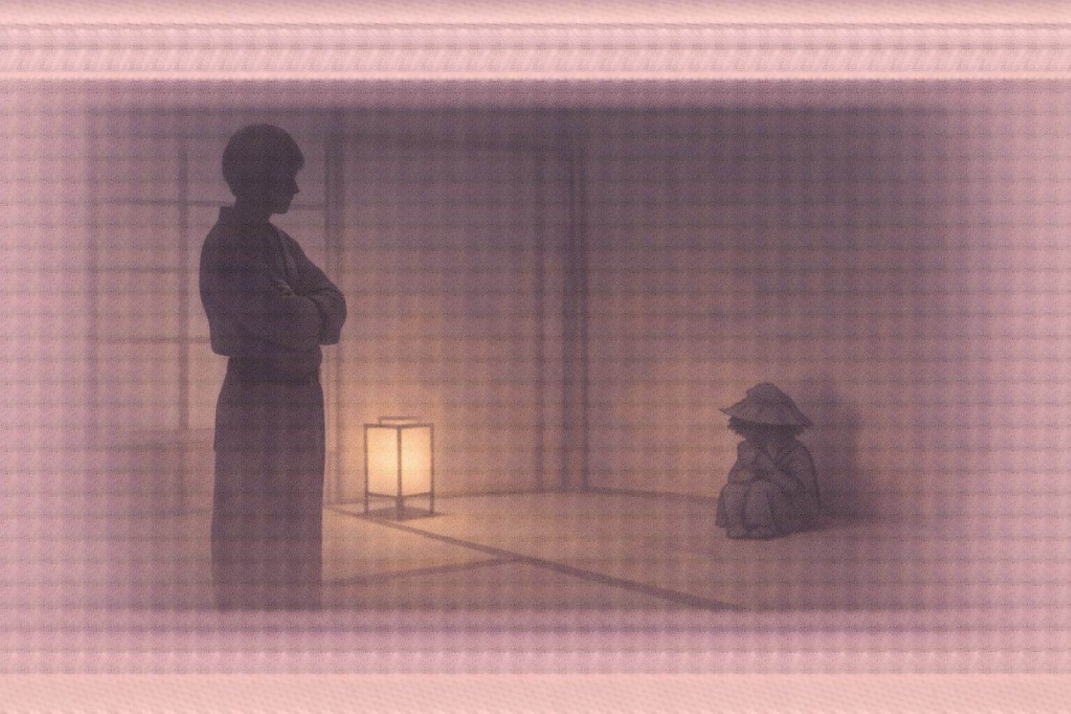 夜の長屋の一室、男の影が腕を組み、畳の隅に貧乏神の影がちょこんと座る一場面