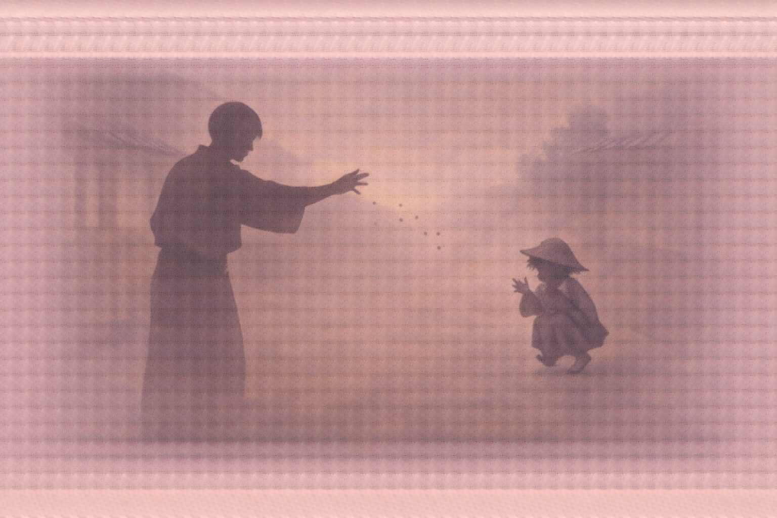 明け方の路地、男の影が豆を撒くように手を振り、貧乏神の影が慌てて後ずさる一場面