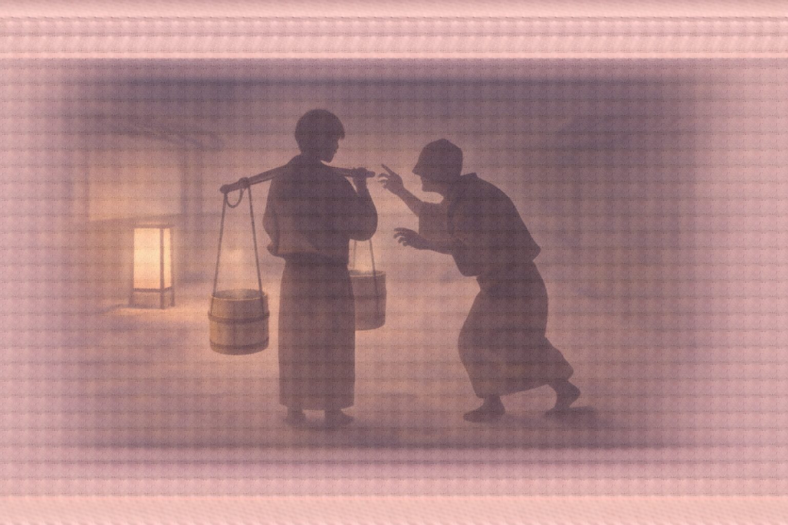 夜の路地、担ぎのうどん屋の影が立ち止まり、酔客の影が身を乗り出して絡む一場面