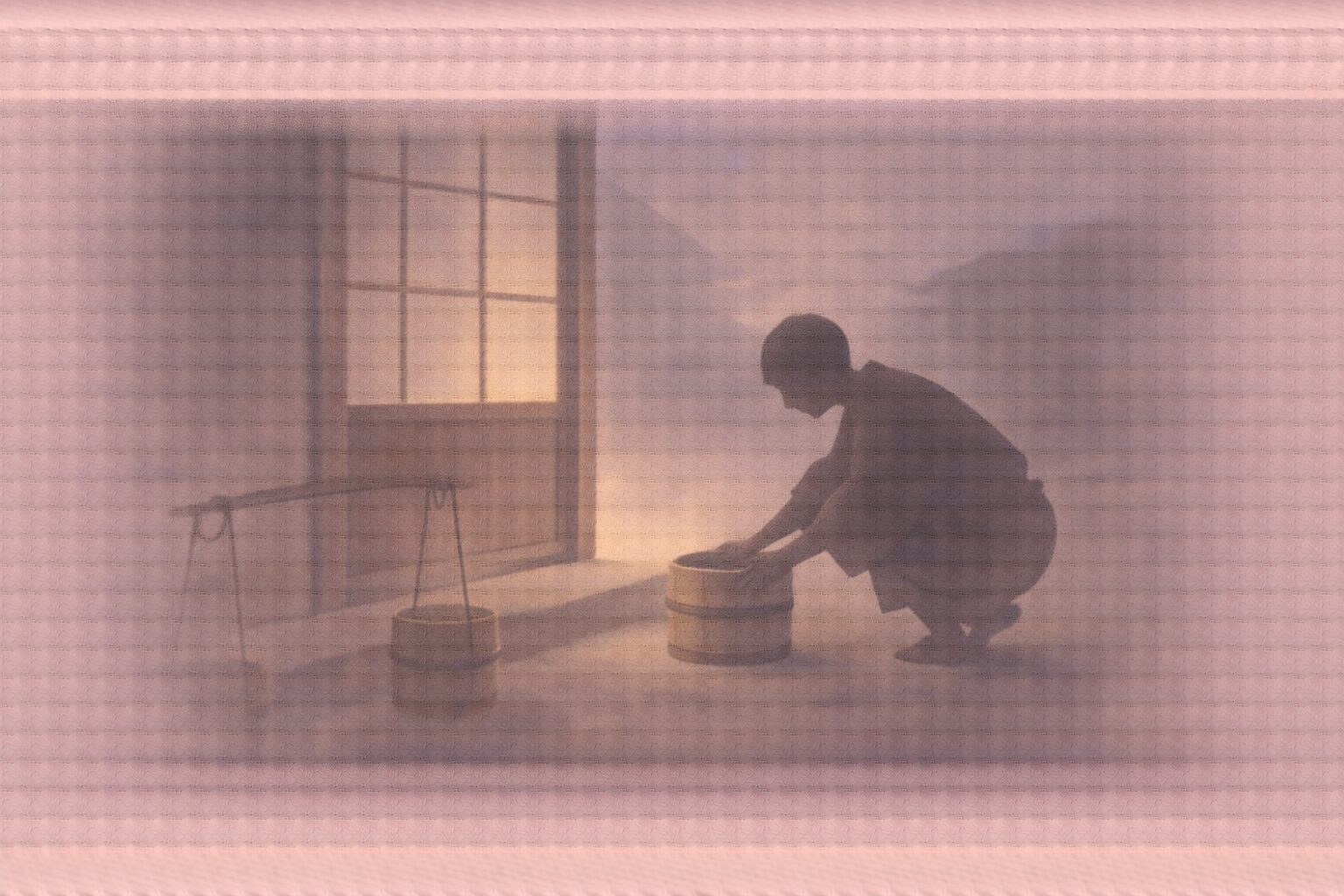 明け方の長屋の戸口、家の中から小声が聞こえ、うどん屋の影が身をかがめて桶を置く一場面