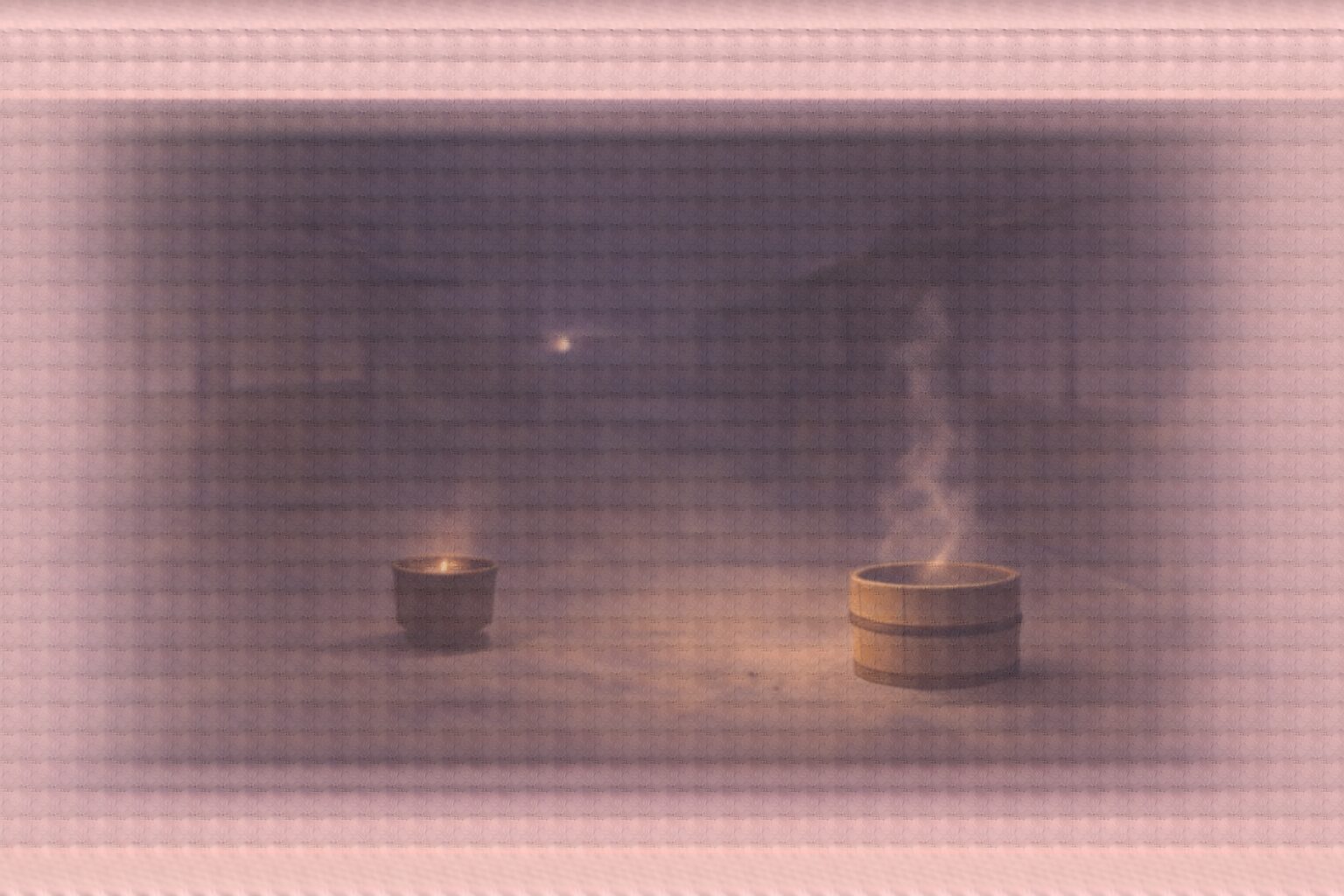 夜更けの路地、消えかけの火鉢の灯りと、桶の湯気だけが残る静かな余韻の一場面