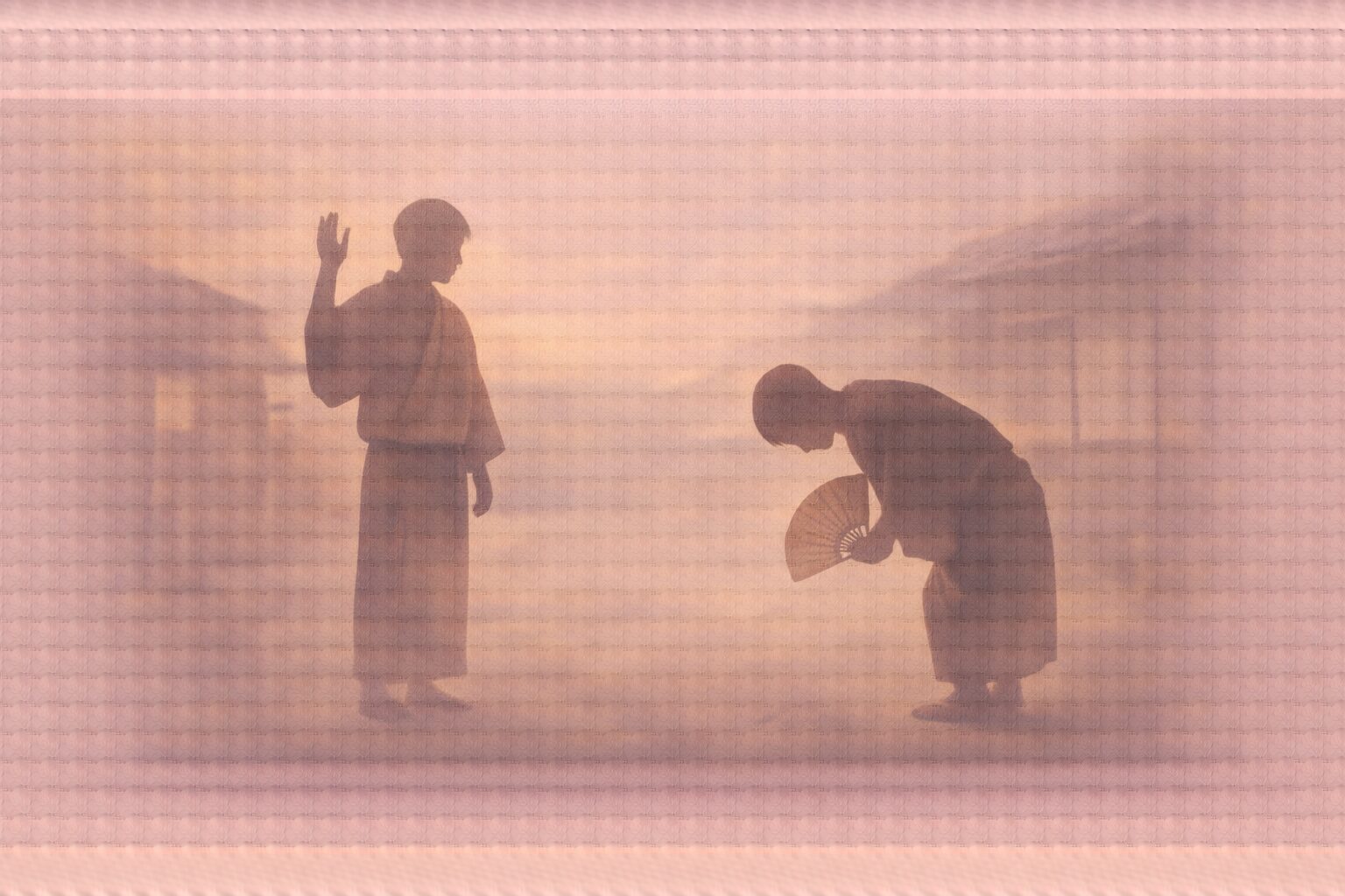 真夏の路地、野幇間の影が愛想よく頭を下げ、浴衣の男の影が手を上げて呼び止める一場面