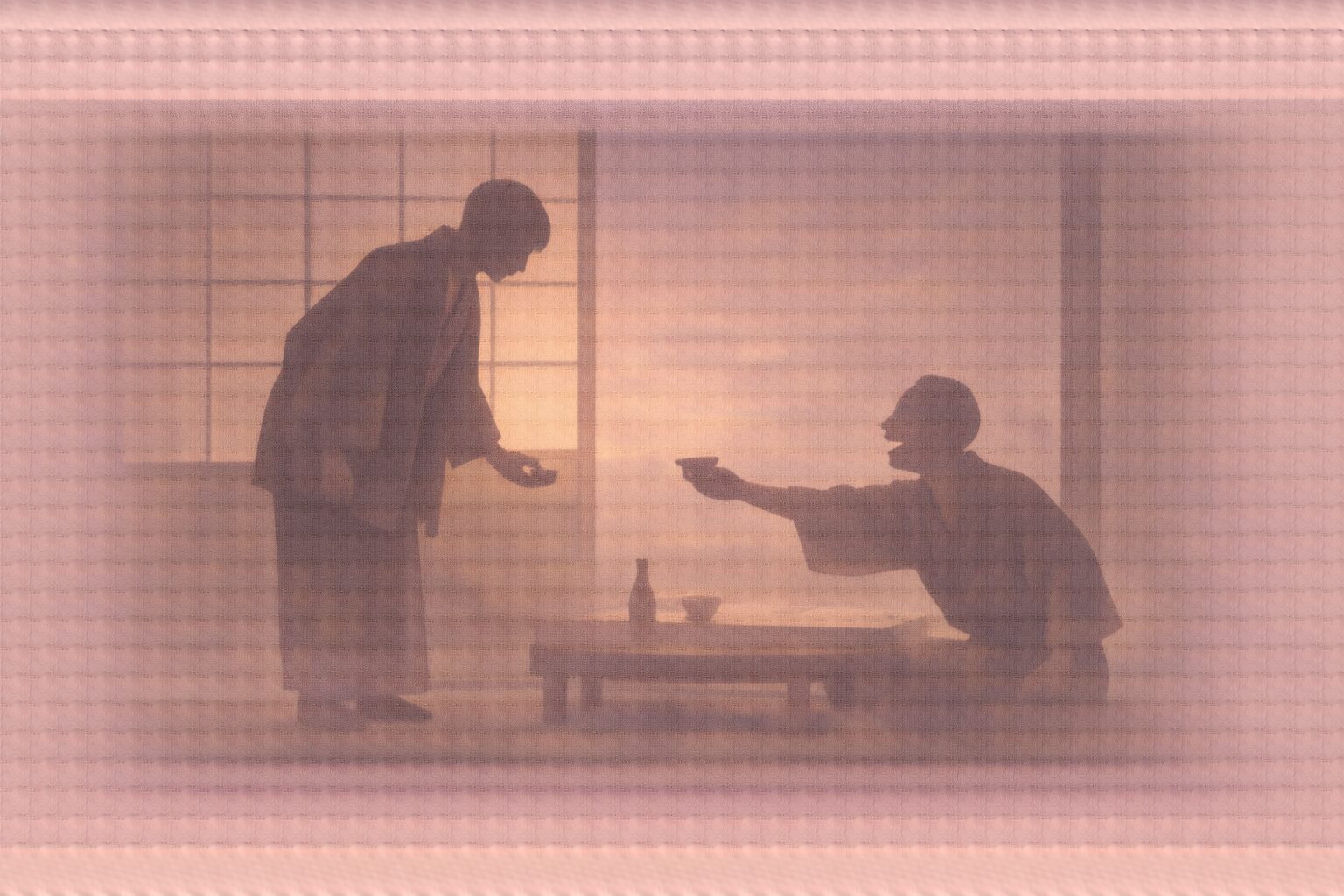 うなぎ屋の二階座敷、羽織の男の影が杯を置いて立ち上がり、野幇間の影がへらへらと盃を差し出す一場面