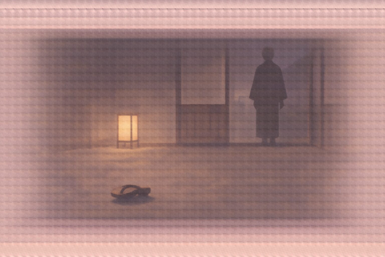 夜の鰻屋の玄関土間、片方だけ残った下駄の影と、戸口へ向かう野幇間の影が立ち尽くす余韻の一場面