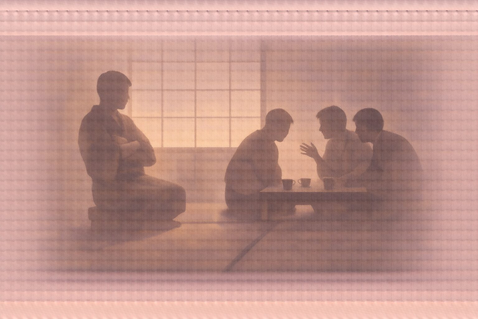 座敷で父と息子たちが葬式の相談をしている場面