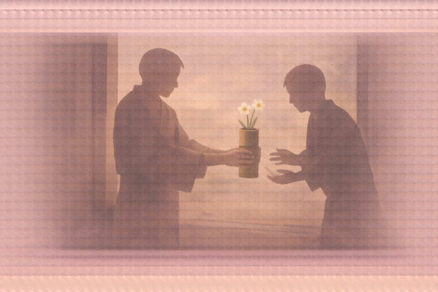 竹の花を売り込む男と困惑する屋敷の人々