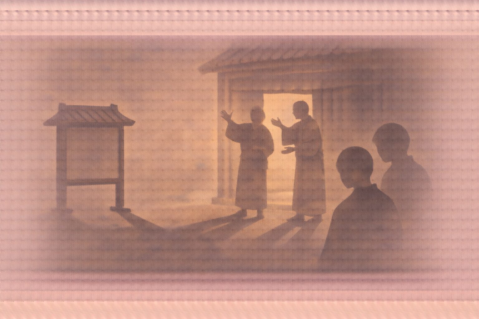 夕方の小屋の入口、男たちの影が口上の真似をして客の影を呼び込む一場面