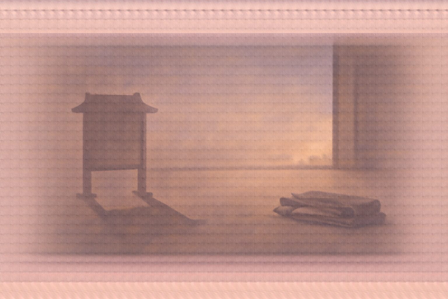 明け方の小屋の舞台裏、外された看板の影と、たたまれた幕だけが残る余韻の一場面