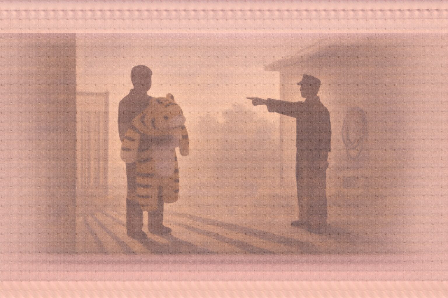 動物園の裏口で虎の着ぐるみを抱えた男の影が立ち尽くし、係員の影が指示する一場面