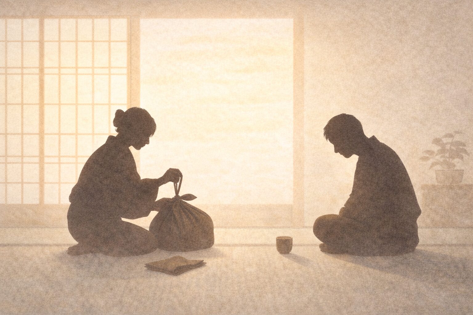 昼の長屋の座敷、女房の影が荷物をまとめ、亭主の影がぼんやり座る一場面