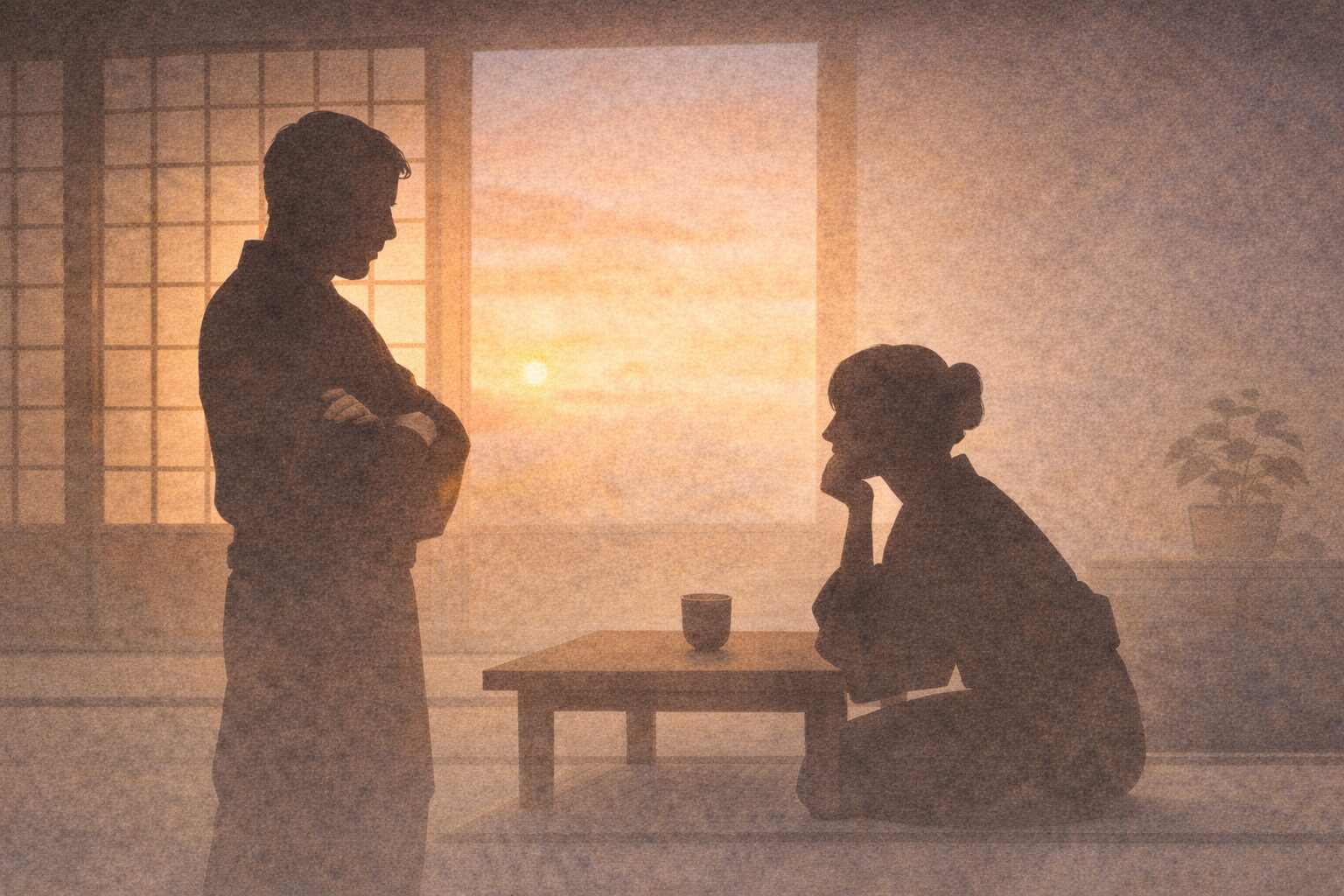 夕方の実家の座敷、兄の影が腕組みで説教し、女房の影が頬杖をついて聞く一場面