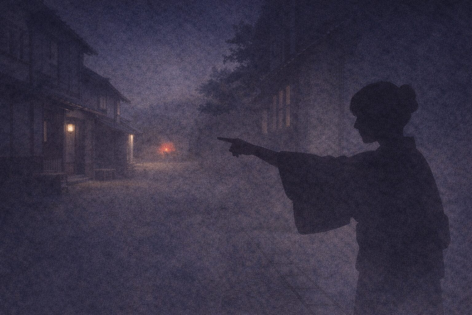夜更けの路地、遠くに炎の気配だけがぼんやり見え、女房の影が別方向を指さす余韻の一場面