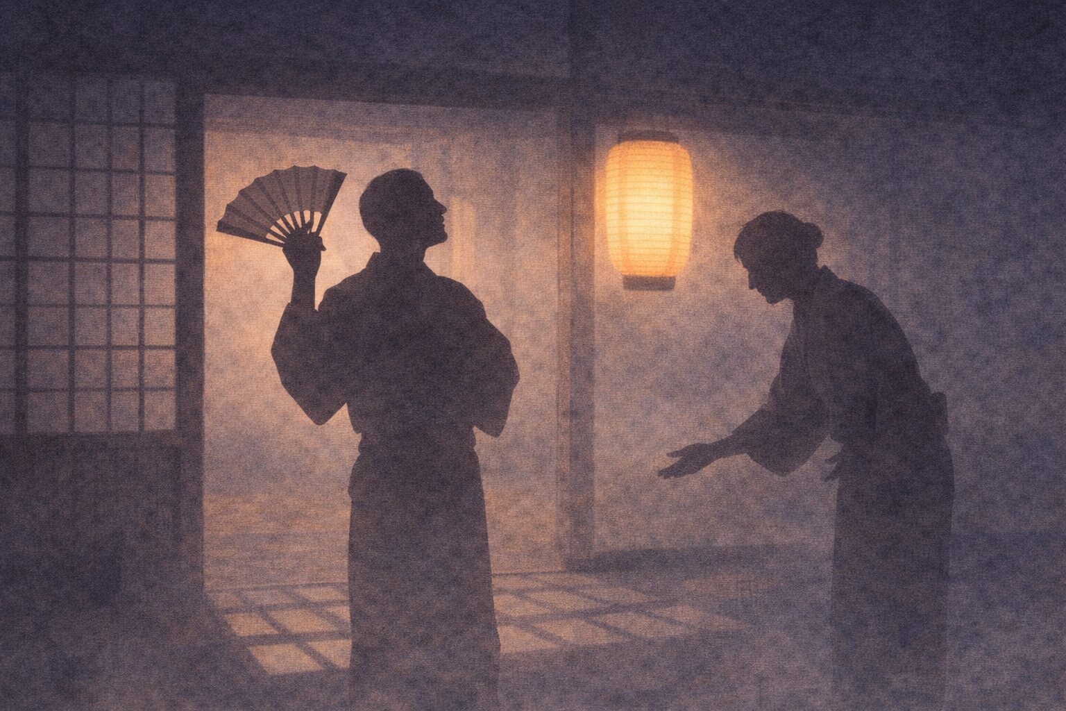 夜の引手茶屋の入口、男の影が得意げに扇子を振り、茶屋の者の影が丁寧に案内する一場面