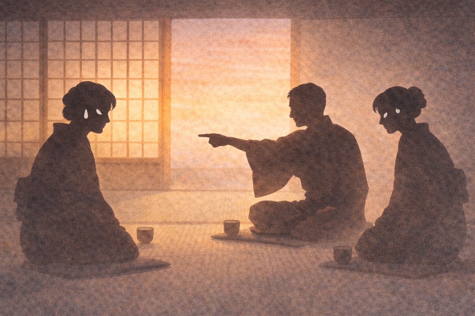 夕方の座敷、男の影が指で選ぶように構え、周囲の影が気まずく目配せする一場面