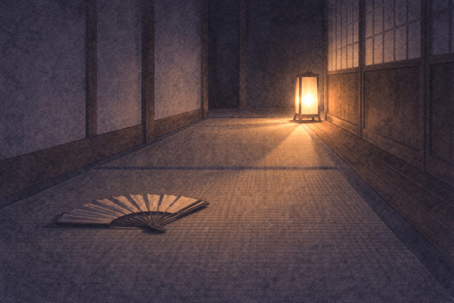 夜更けの廊下、置き去りの扇子だけが畳に残り、行灯の光が細く伸びる余韻の一場面