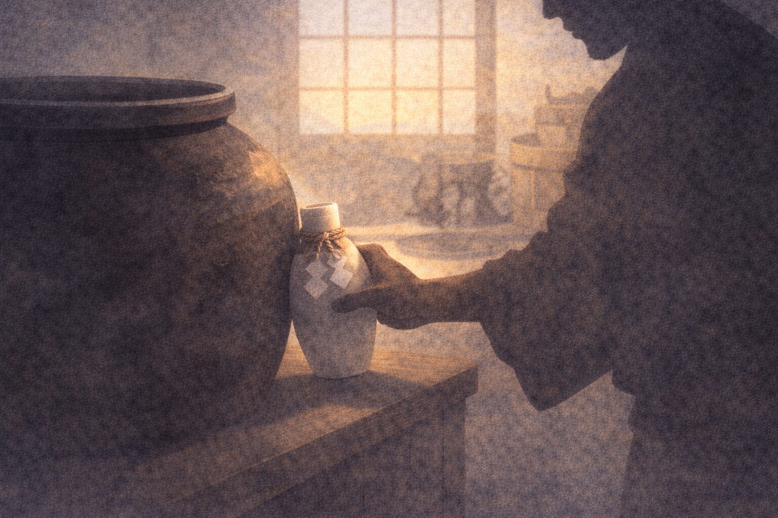 宿の台所で水甕のそばに徳利をそっと隠す男の手元の影が焦っている一場面