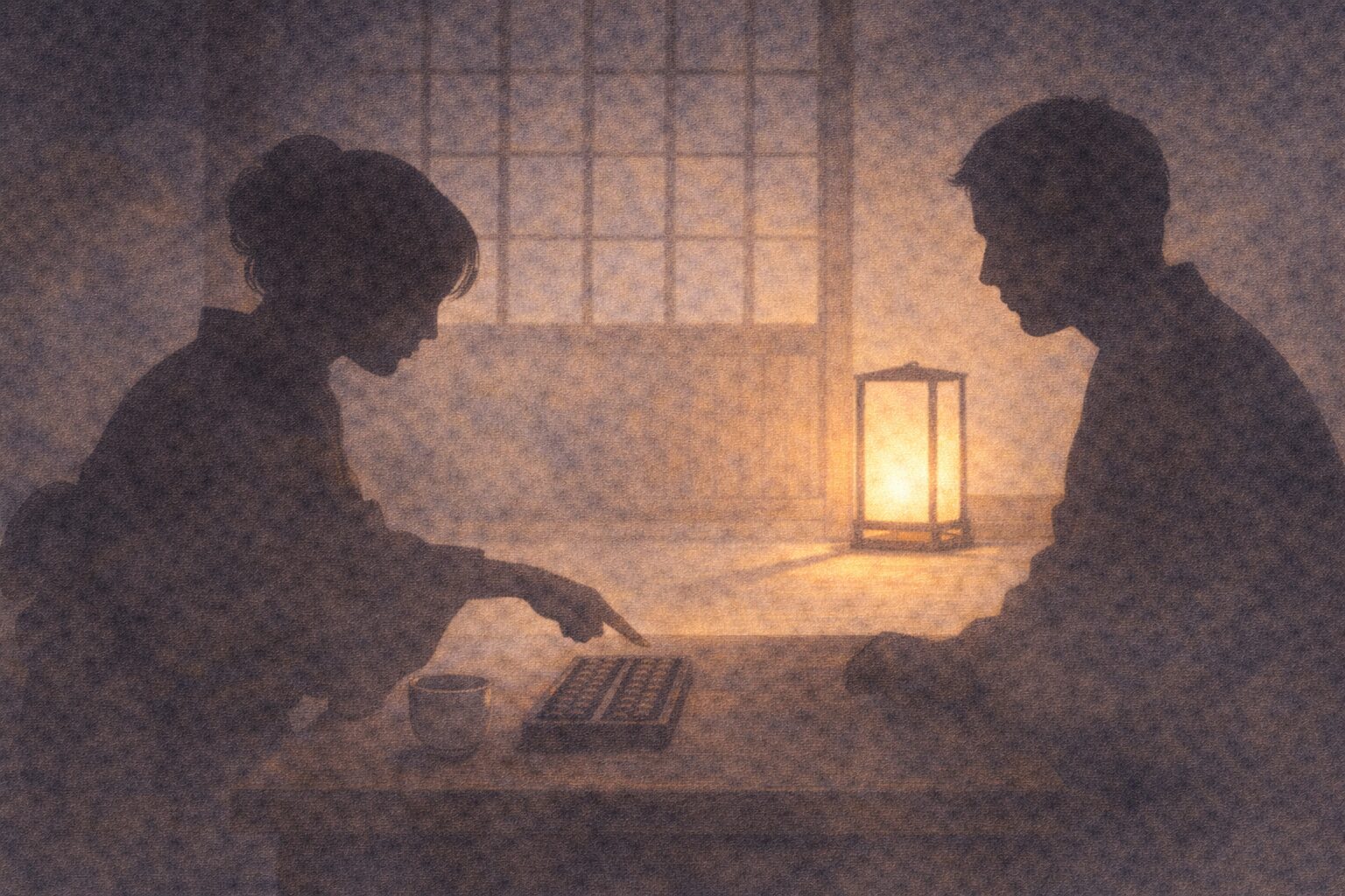 夜の長屋の部屋、女房の影が算盤を前に指で台詞を教え、男の影がうなずきながら覚える一場面