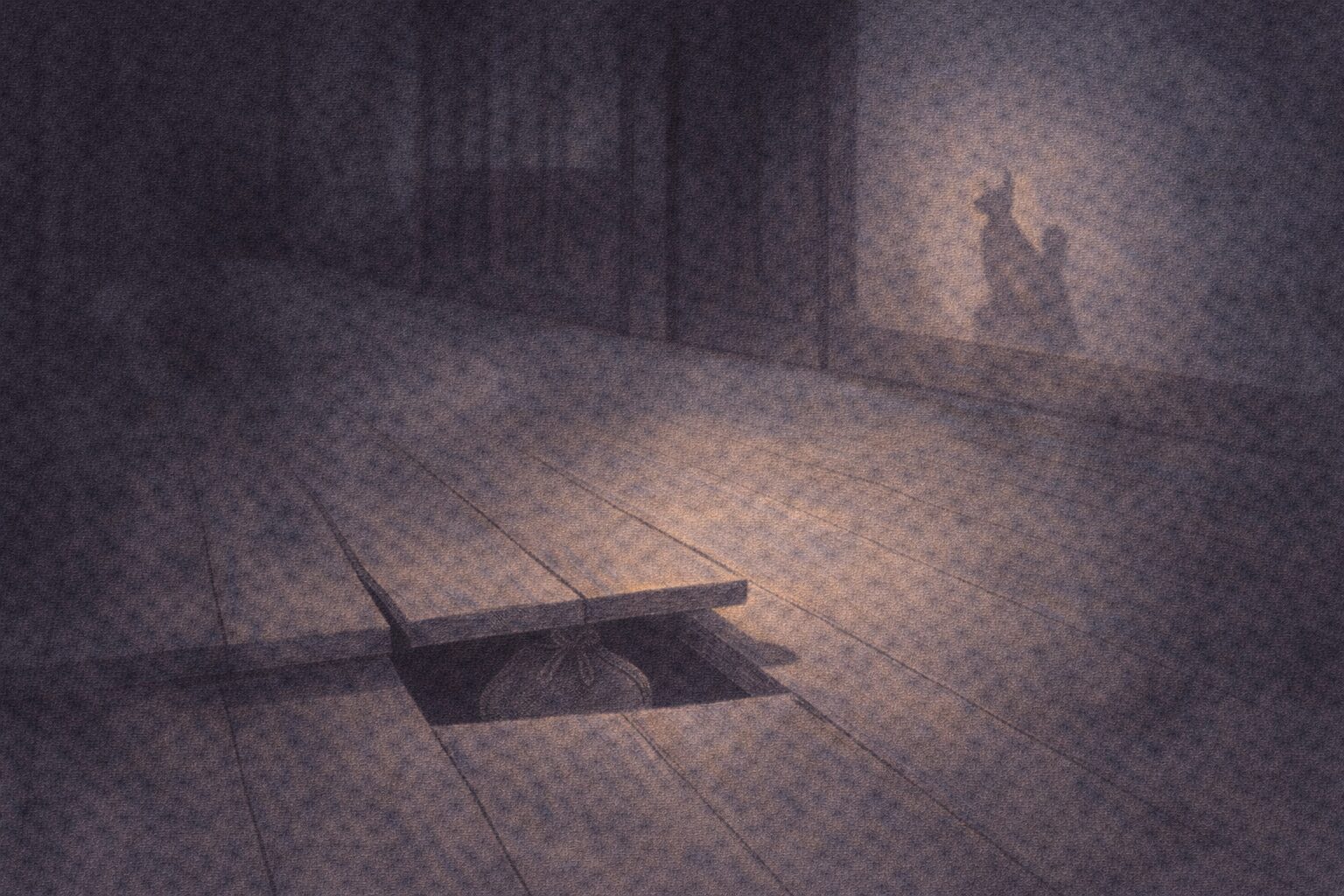 深夜の宿の廊下、床板が少し浮いて財布の影が見え、遠くに小さな稲荷の影が落ちる余韻の一場面