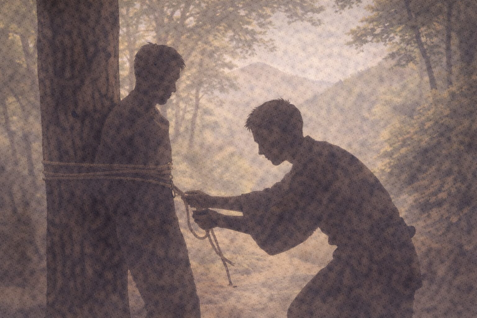 箱根の山道、木に縛られた男の影に小間物屋の男が近づき縄をほどく一場面