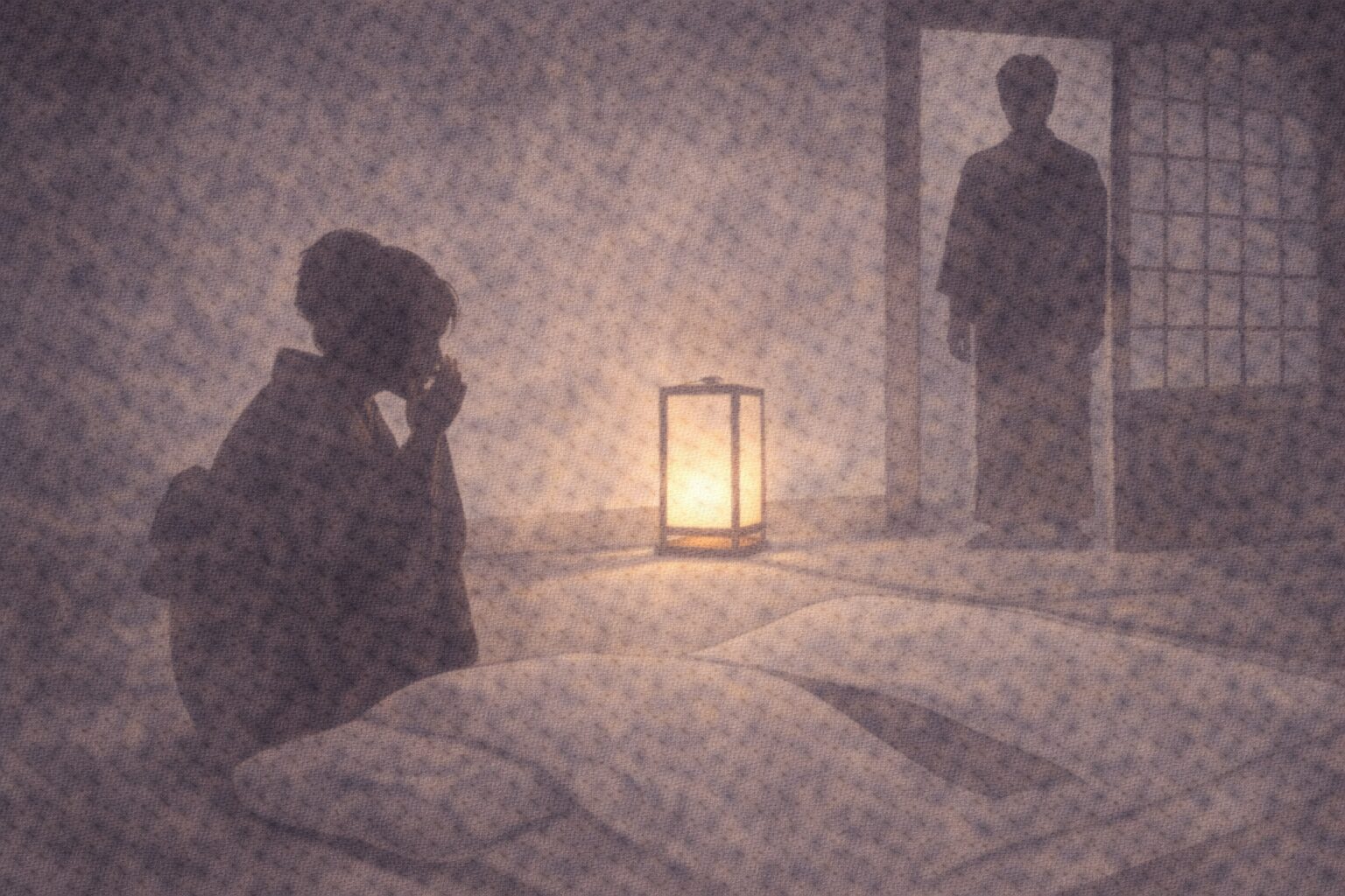 婚礼の夜の座敷、布団脇で花嫁の影が怯え、戸口に小四郎の影が立って幽霊扱いされる一場面