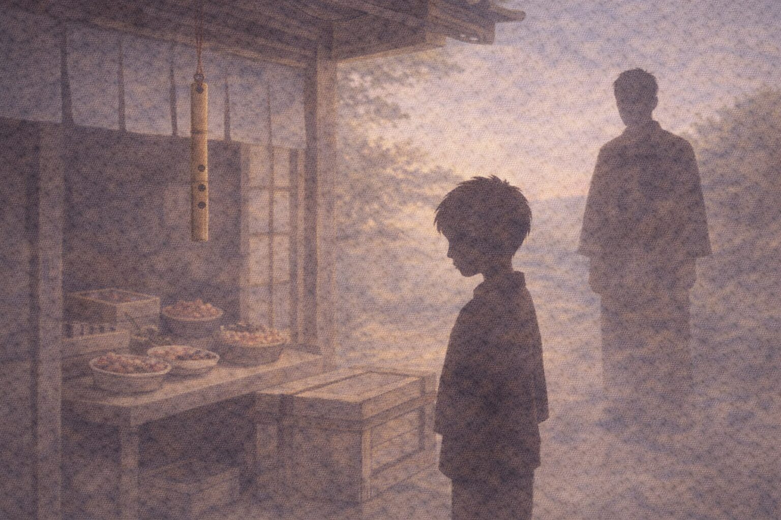 駄菓子屋の店先で笛を見つめる子どもと、その少し後ろで様子をうかがう男の影がある一場面