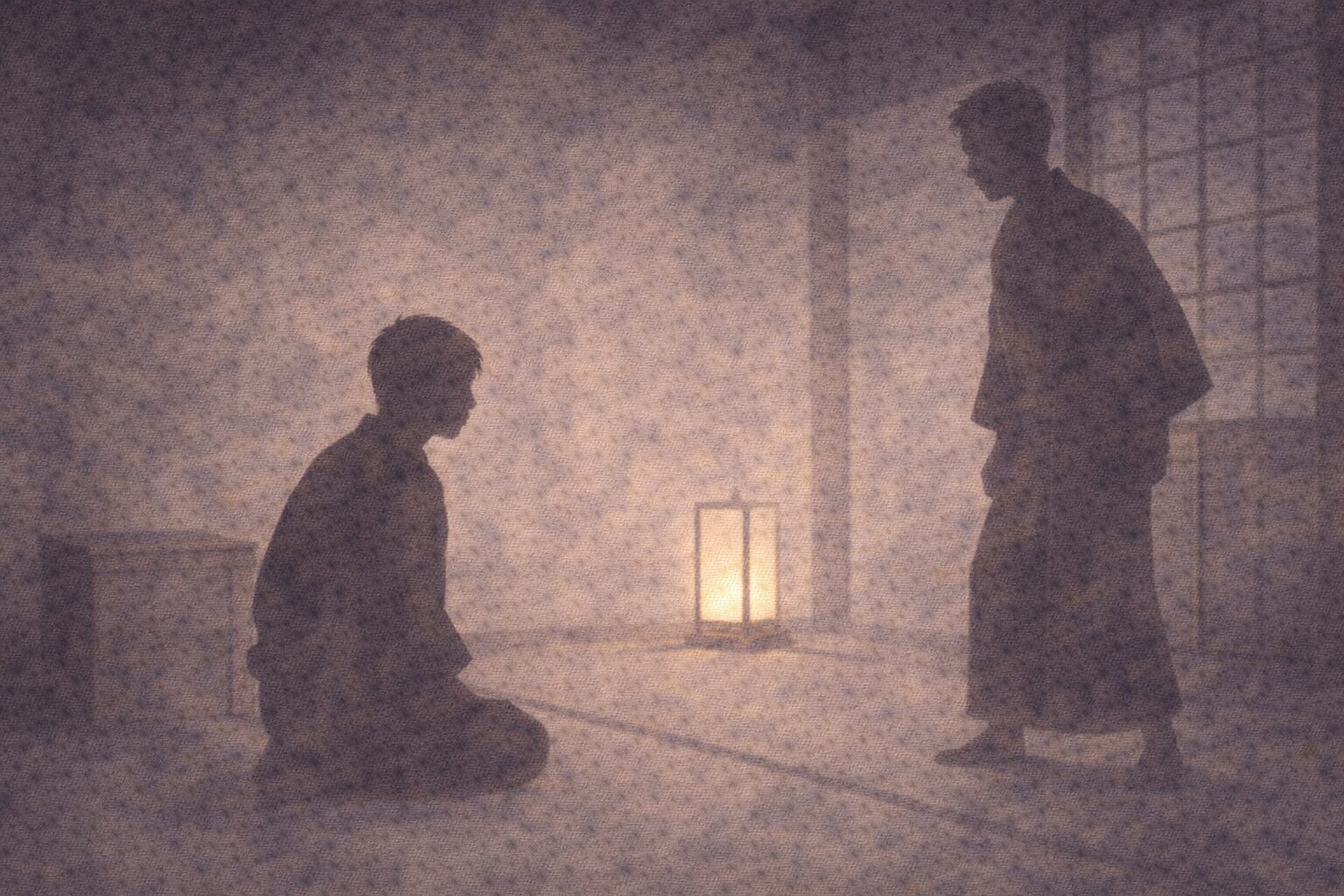 薄暗い長屋の室内で兄貴分と秀が向かい合い、張りつめた空気だけが漂う一場面