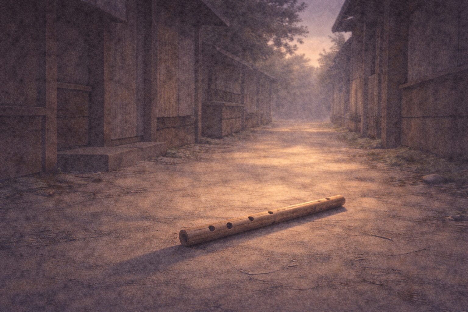 夜明け前の静かな路地に笛が一本だけ置かれ、淡い光が差し込む余韻の一場面