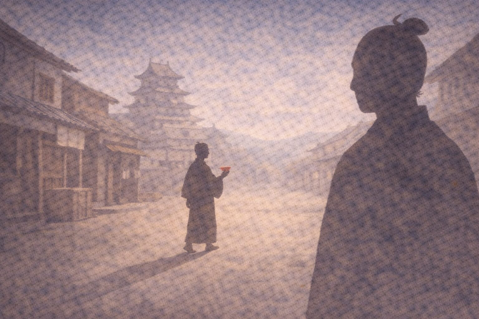 城下町の通りで町人が盃を手にして歩き、その様子を遠くから殿様の影が眺めている一場面