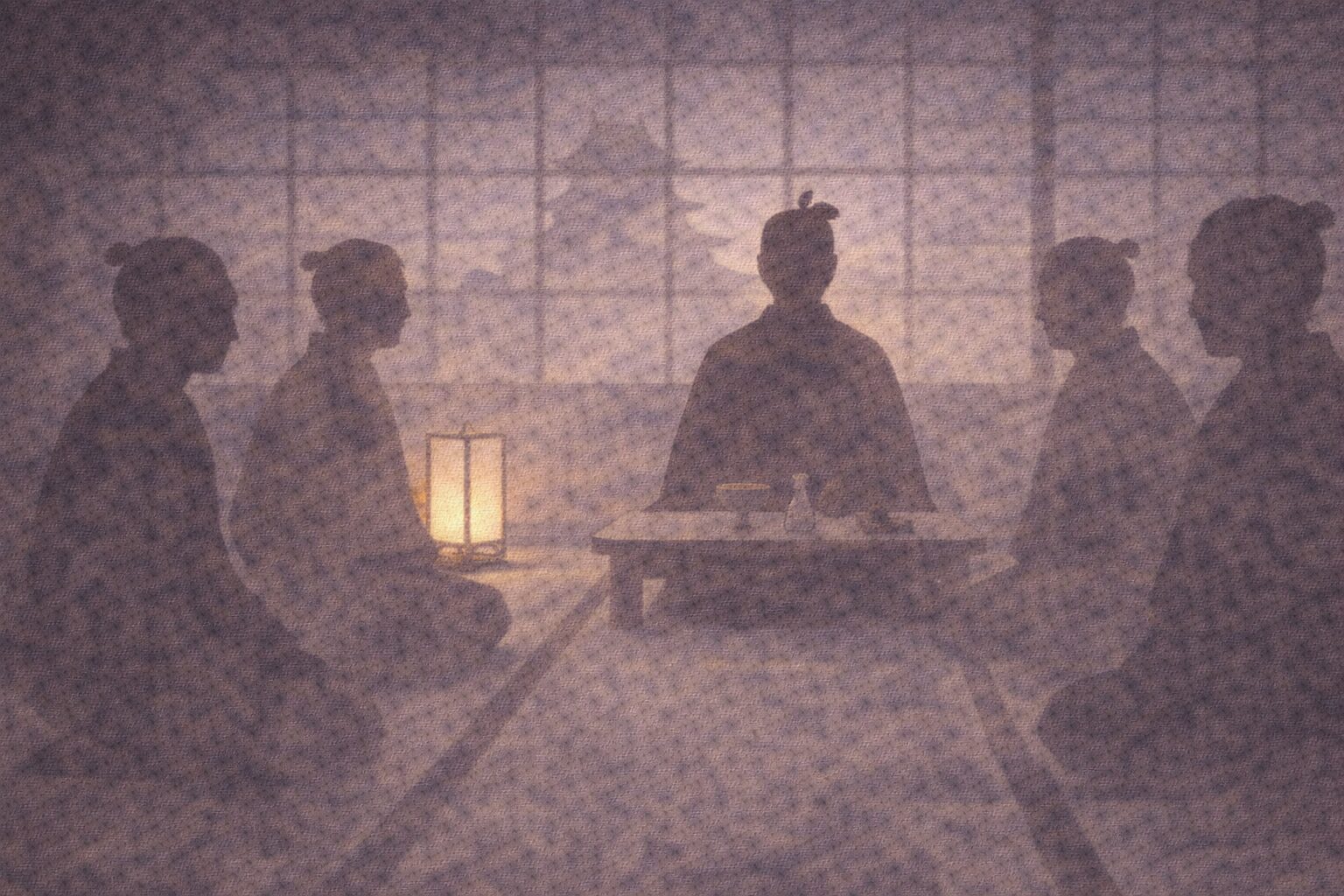 城の座敷で殿様の影が酒席に座り、少し離れて家臣たちの影が並ぶ緊張した一場面