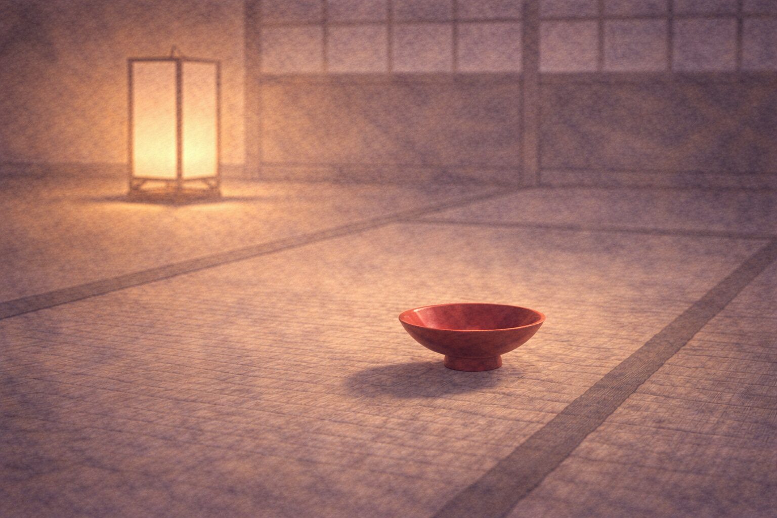 酒席の後に畳の上に盃が一つだけ静かに置かれている余韻の一場面