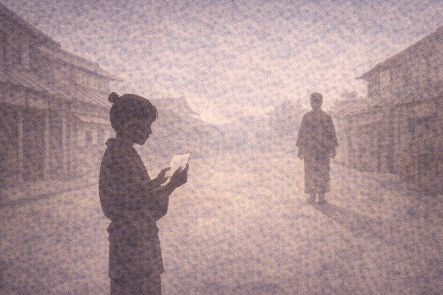 往来の途中で手紙を見つめて立ち止まる丁稚の影と、少し離れて通行人の影がある一場面