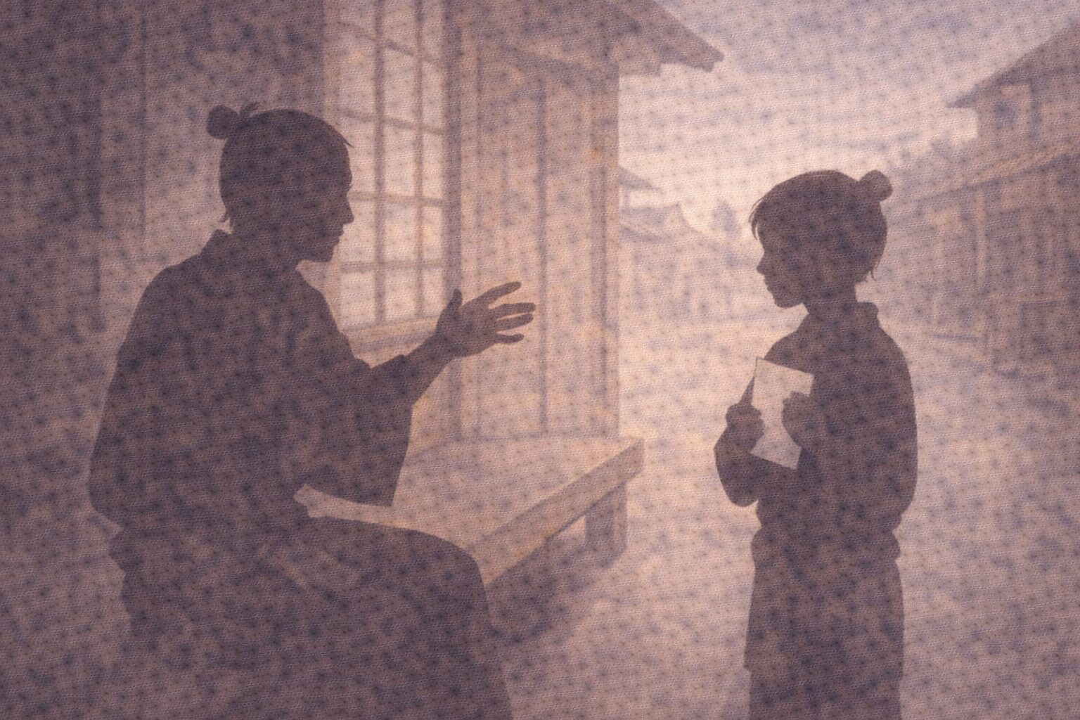 店先の縁台のような場所で通行人が身振りで読み方を教え、丁稚が手紙を抱えて聞き入る一場面