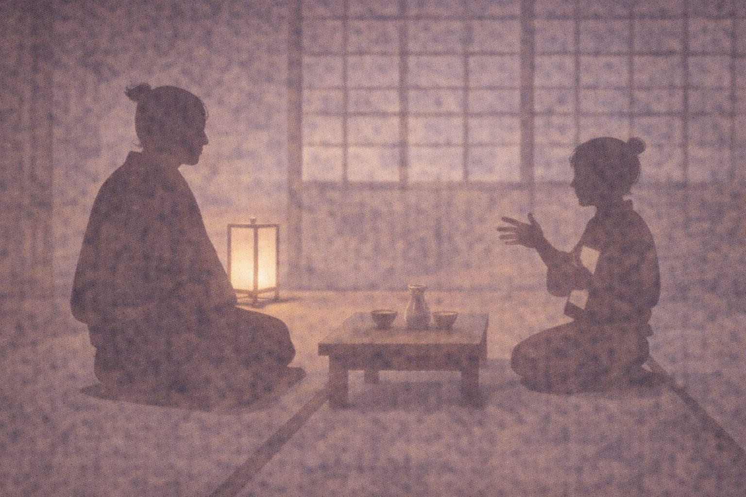 帳場の座敷で旦那の影が座り、丁稚の影が身振りで口上を伝えている一場面