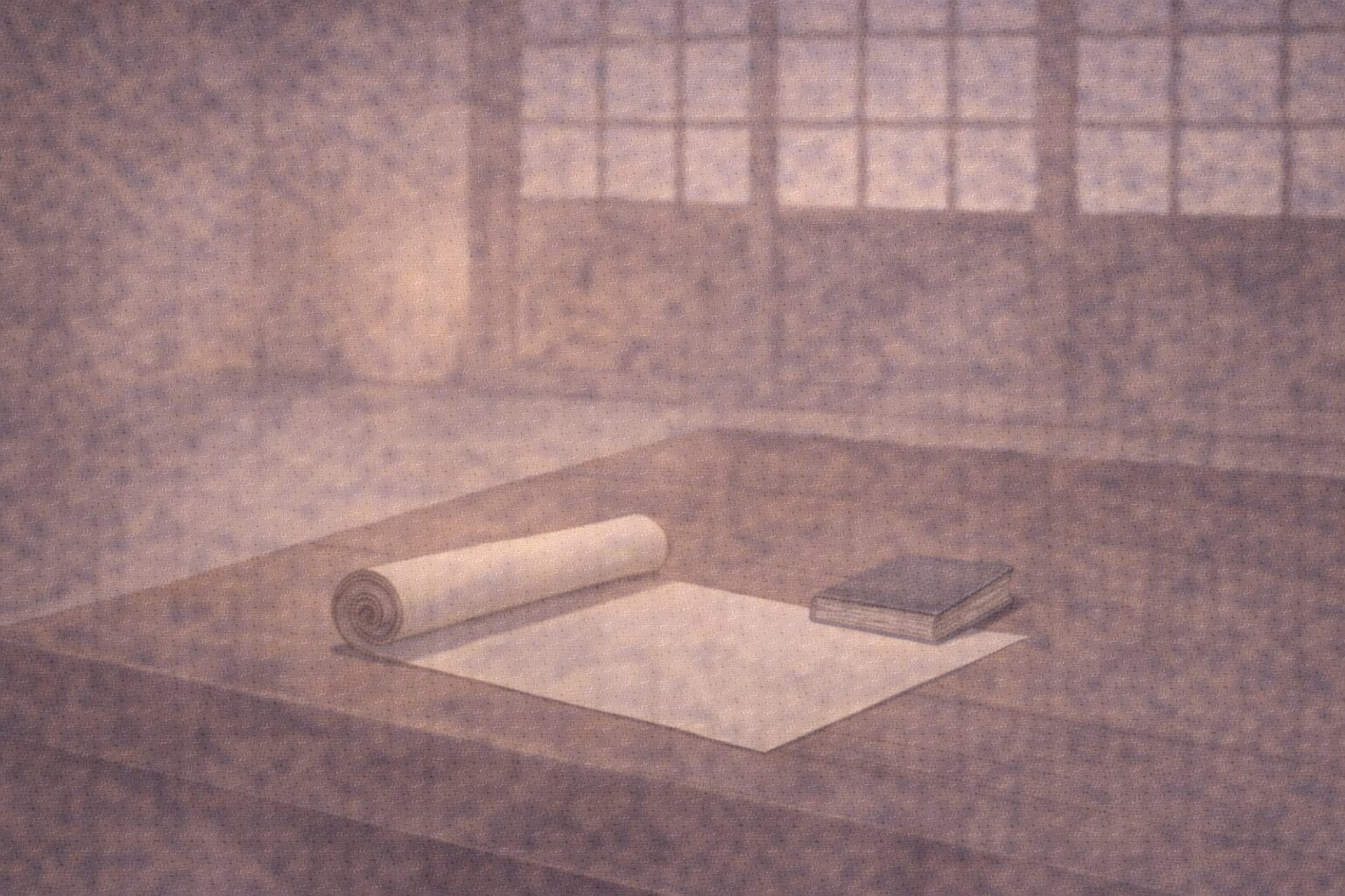 夕方の帳場の机に手紙と小さな帳面が置かれ静かな余韻が残る一場面