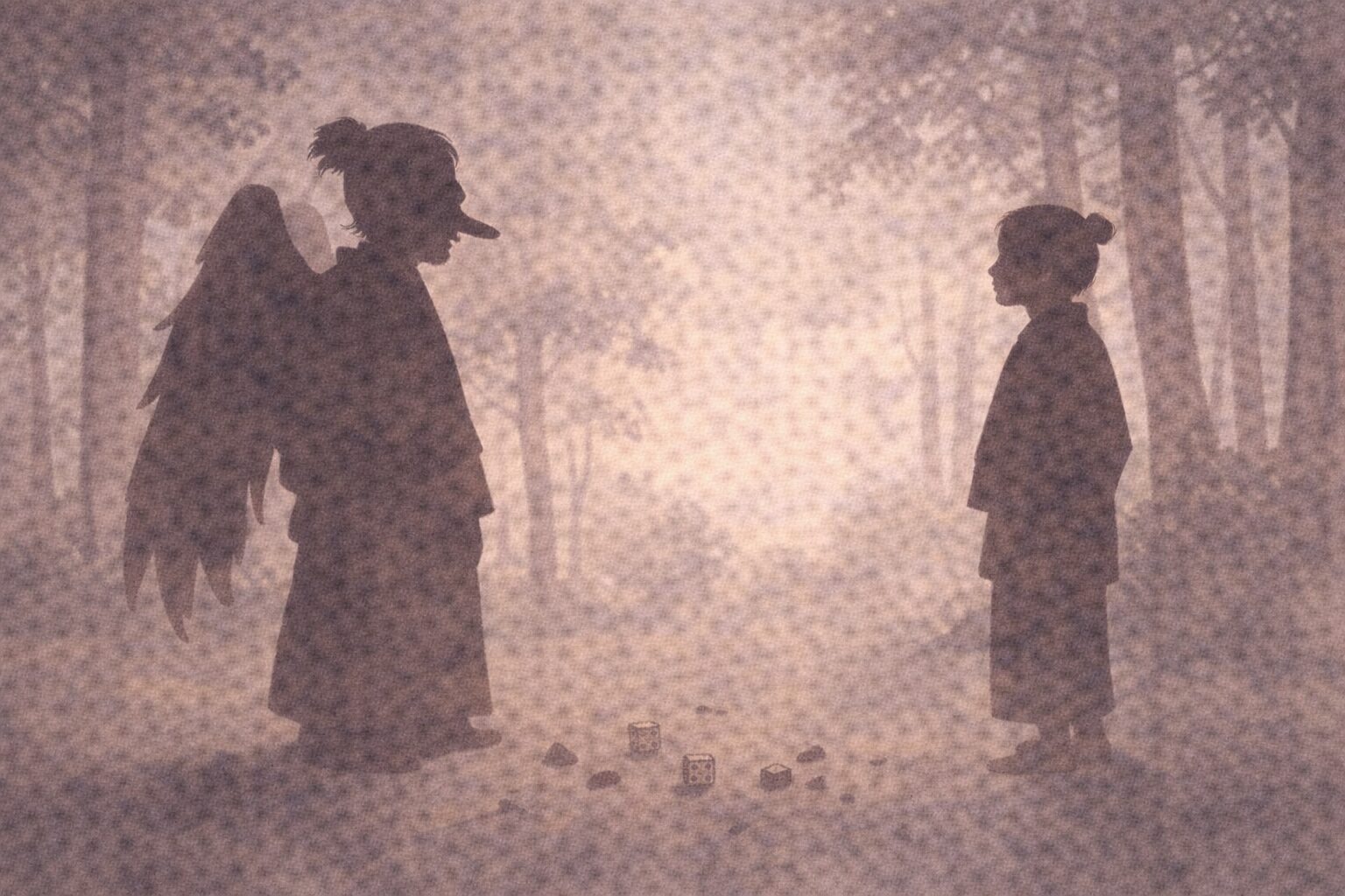 昼の林で天狗の影と男の影が向かい合い、賽や小石のようなものが地面に散っている一場面
