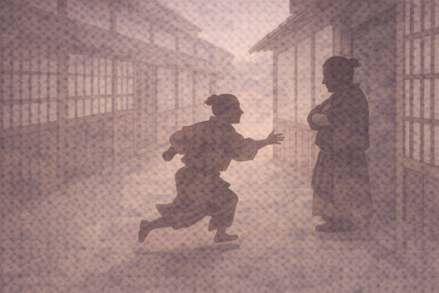 昼の長屋の路地で男の影が駆け込み、戸口の大家の影が腕を組んで受け止める一場面