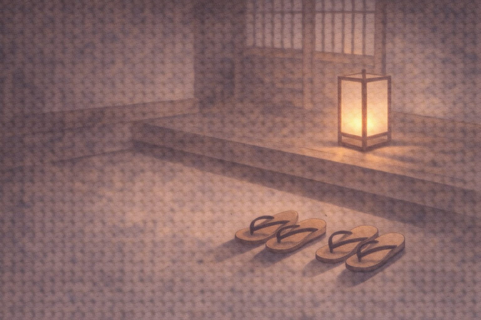 夜の土間に草履が二足きちんと揃い、行灯の淡い光だけが残る余韻の一場面